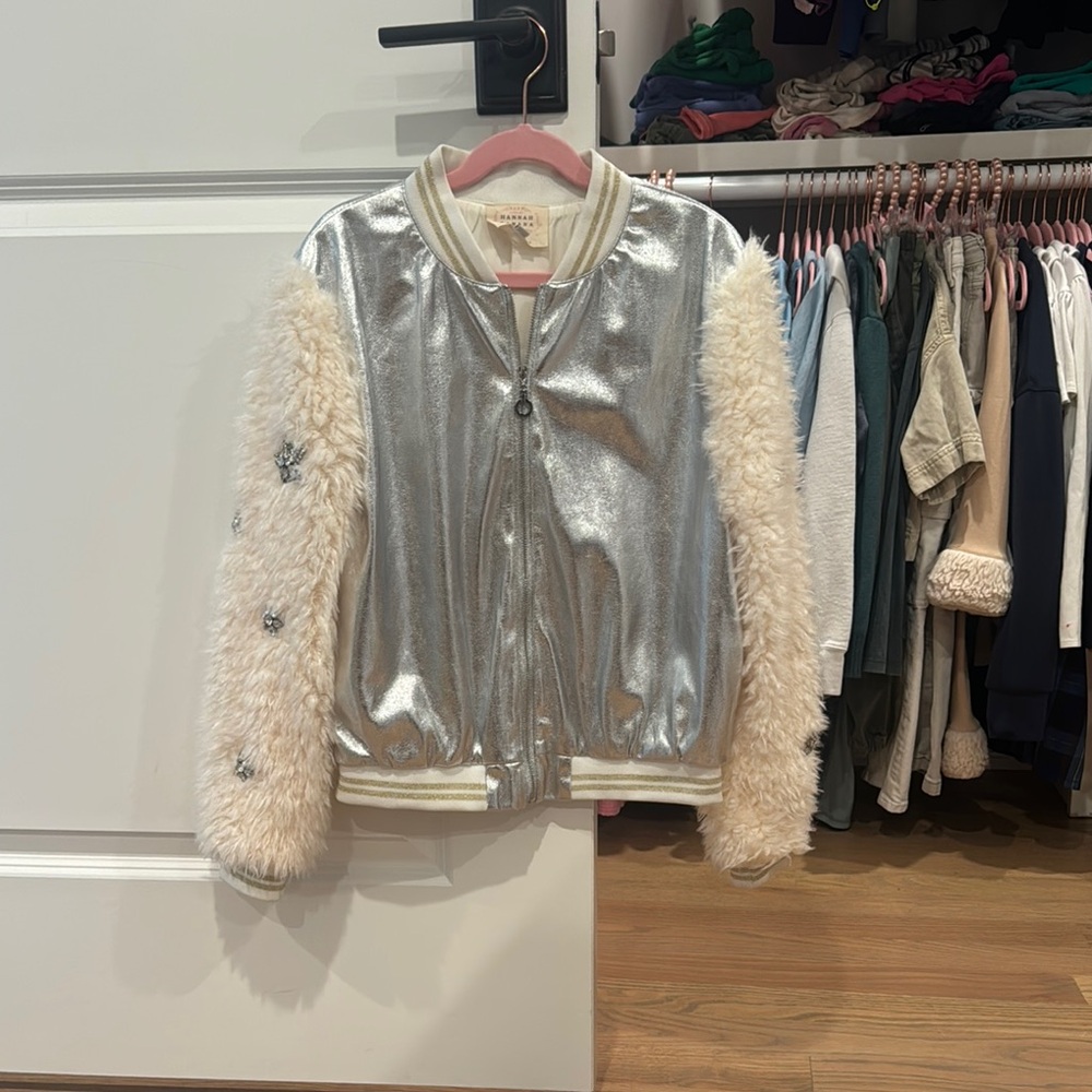 Hannah Banana Silver and Cream Faux Fur Jacket